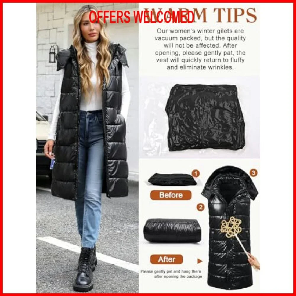Women's Long Puffer Vest Sleeveless Jacket Zip Up Hooded Quilted - Picture 5 of 8